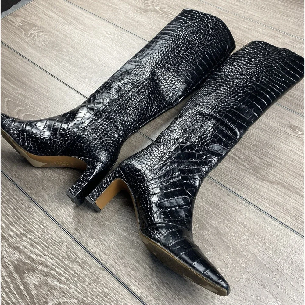 Lafayette 148 Women's Croc Embossed Leather Pull On Knee High Boots Black Sz 8.5